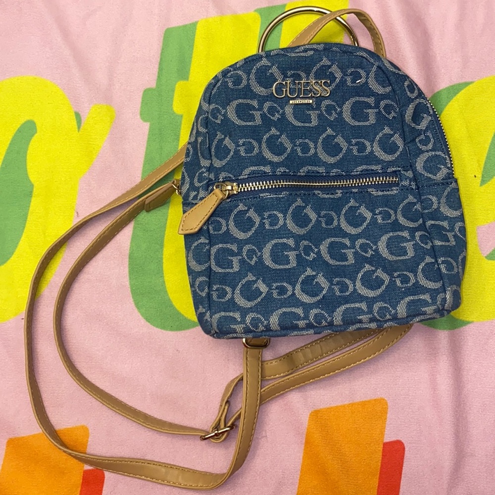 Small Guess denim backpack with tan leather straps - never used